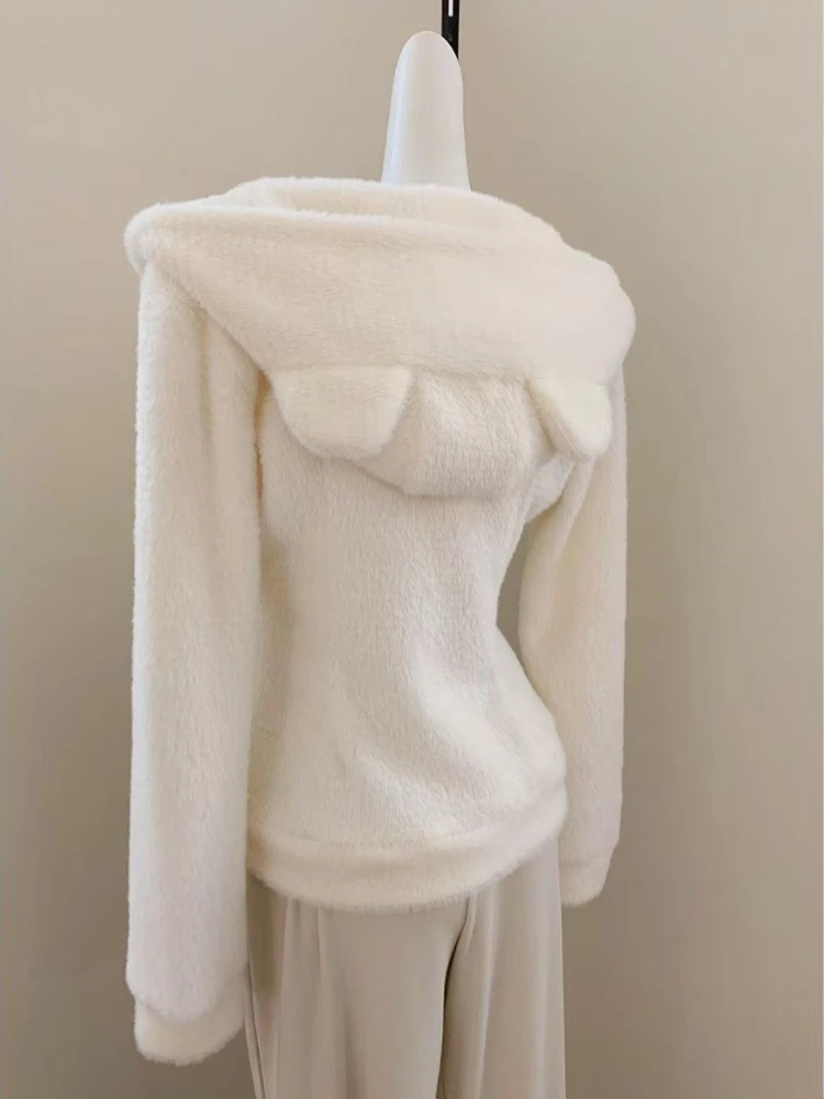 

Spring New Knit Slim Hooded Coat Women Fashion Sweet Kawaii Zipper Solid Warm Hoodie Female Autumn Lovely Chic Lint Overcoat