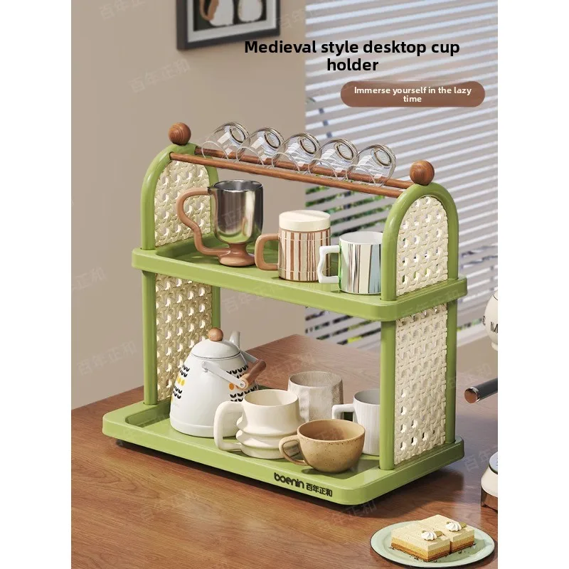 

Retro Style Rattan Cup Storage Rack Multilayer Drain Stand for Coffee Tea Cups Home Organizer