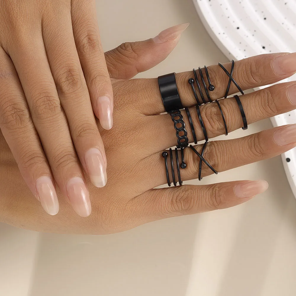 Aihua Punk Black Hollow Round Finger Rings for Women Men Vintage Gothic Geometric Cross Finger Ring Set Party Jewelry Gifts