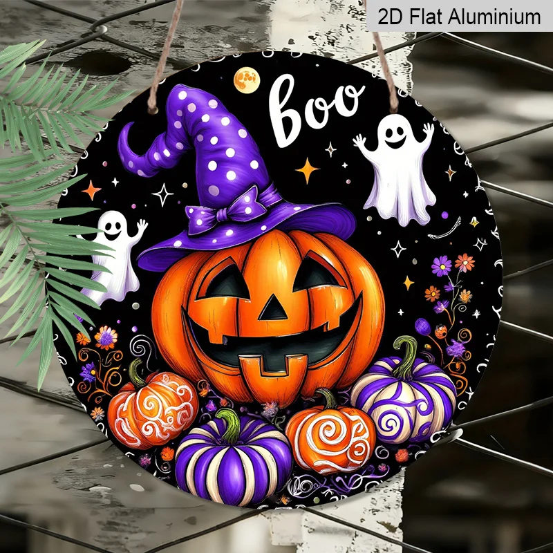 2D Flat, 1pc Round Aluminum Metal Sign, Featuring Circular Aluminum Wall Art Depicting a Halloween Pumpkin, Pre-Drilled Wall