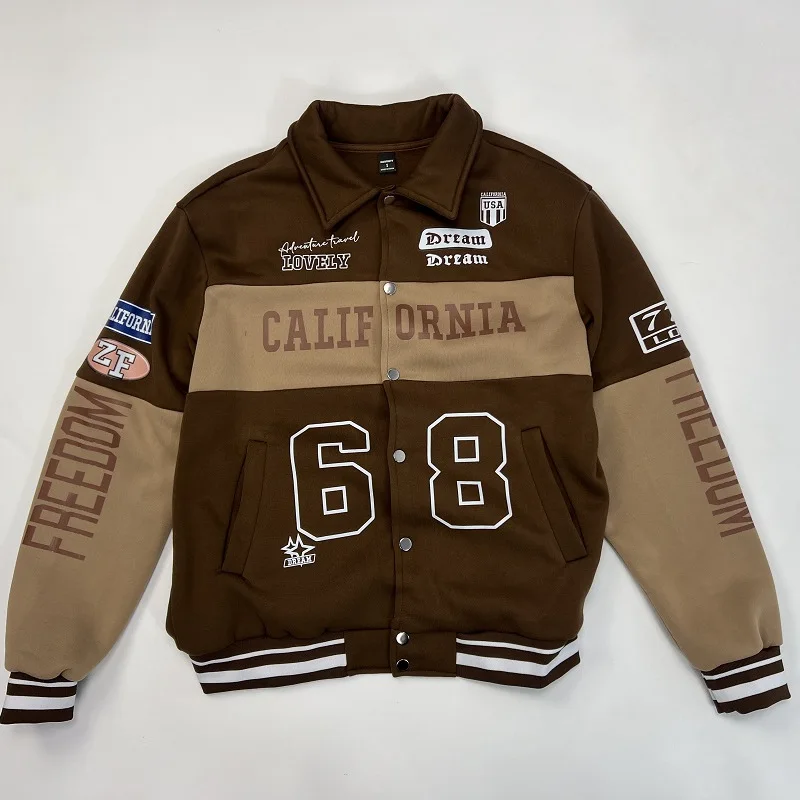 

American Retro Letter Print Loose Fit Baseball Jaet Outerwear Spring Autumn Youth Faion Long Sve Collarl Coat