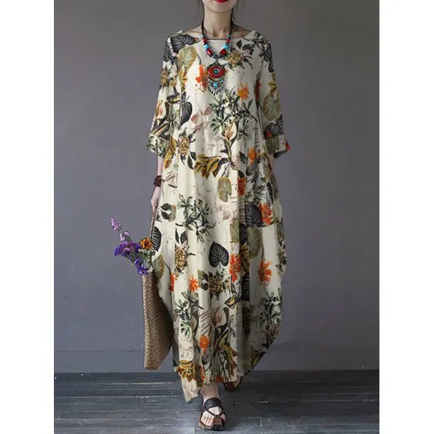 

Women's Vintage Cotton Linen Long Dresses, Female Holiday Dress, Elegant Short Sleeve, Print Loose, Summer Party Dress, Streetwe