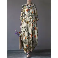 Women's Vintage Cotton Linen Long Dresses, Female Holiday Dress, Elegant Short Sleeve, Print Loose, Summer Party Dress, Streetwe