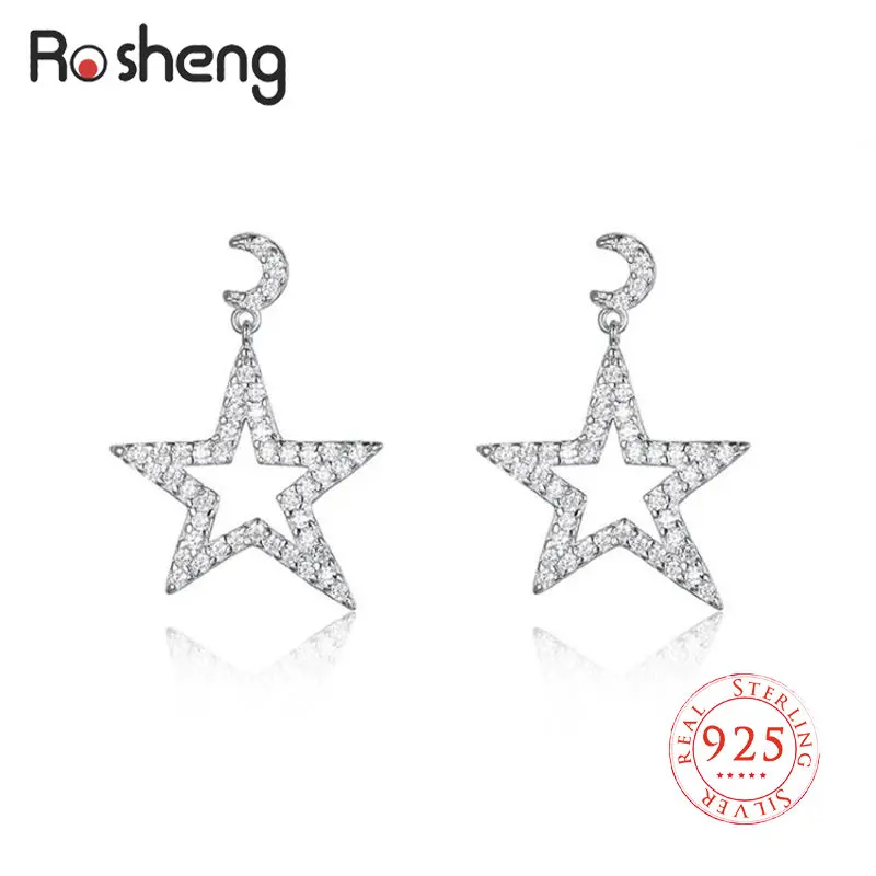 925 Sterling Silver Moon Star Hanging Shiny Zircon Stud Earrings White Space Women Jewelry Korean Original Design