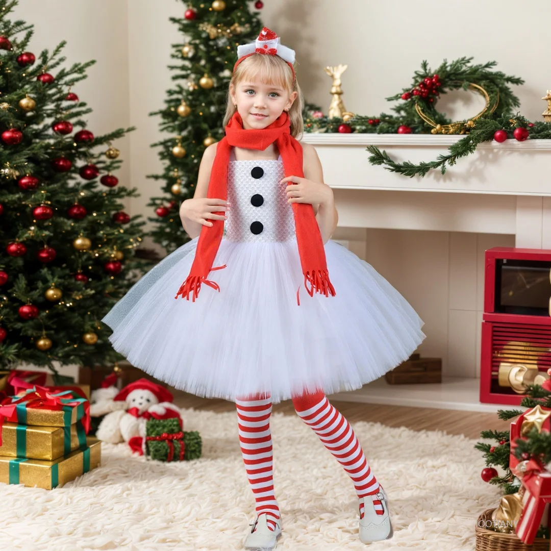 

2025 Girls' Christmas Party Dress Snowman Christmas Puffy Skirt Costume Set New Year Children's Role Play Outfit Princess Suit