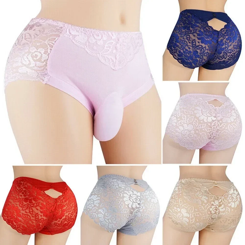 

Men Gay Sissy Sexy Lace Underwear Thongs Male Transparent Panties Breathable Briefs Sweet Sexy Hot Hollow Out Underwear