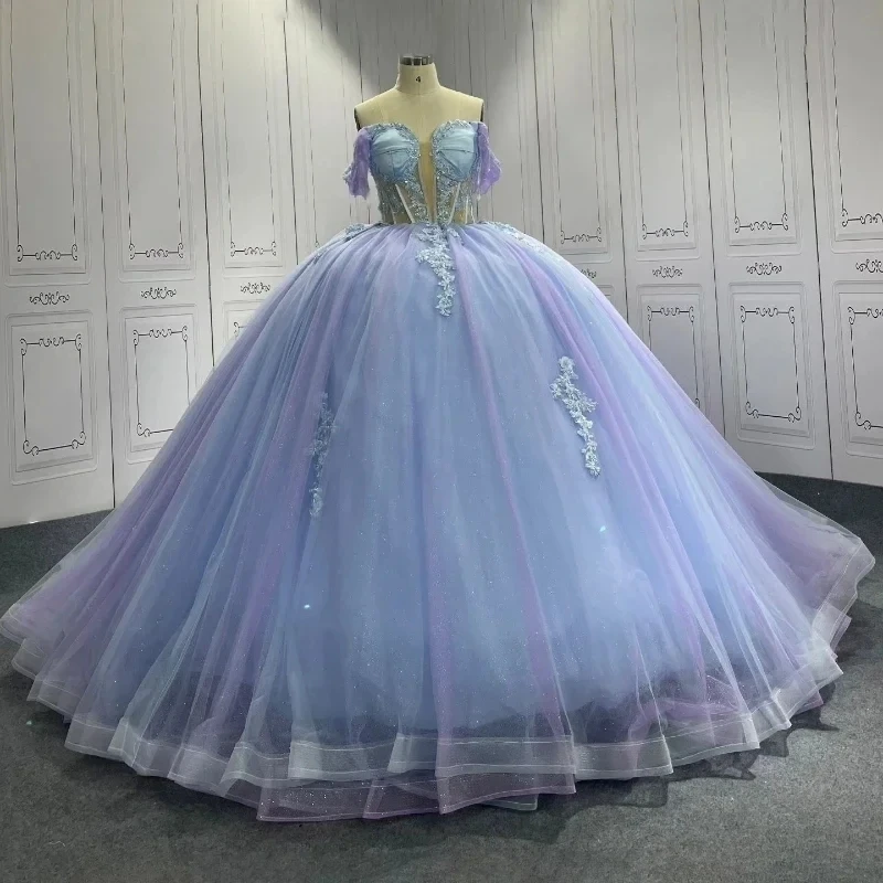 Lilac Sky Blue Shiny Princess Ball Gown Quinceanera Dresses Off Shoulder Applique Lace Beads Tull Birthday Party Vestidos De Xv