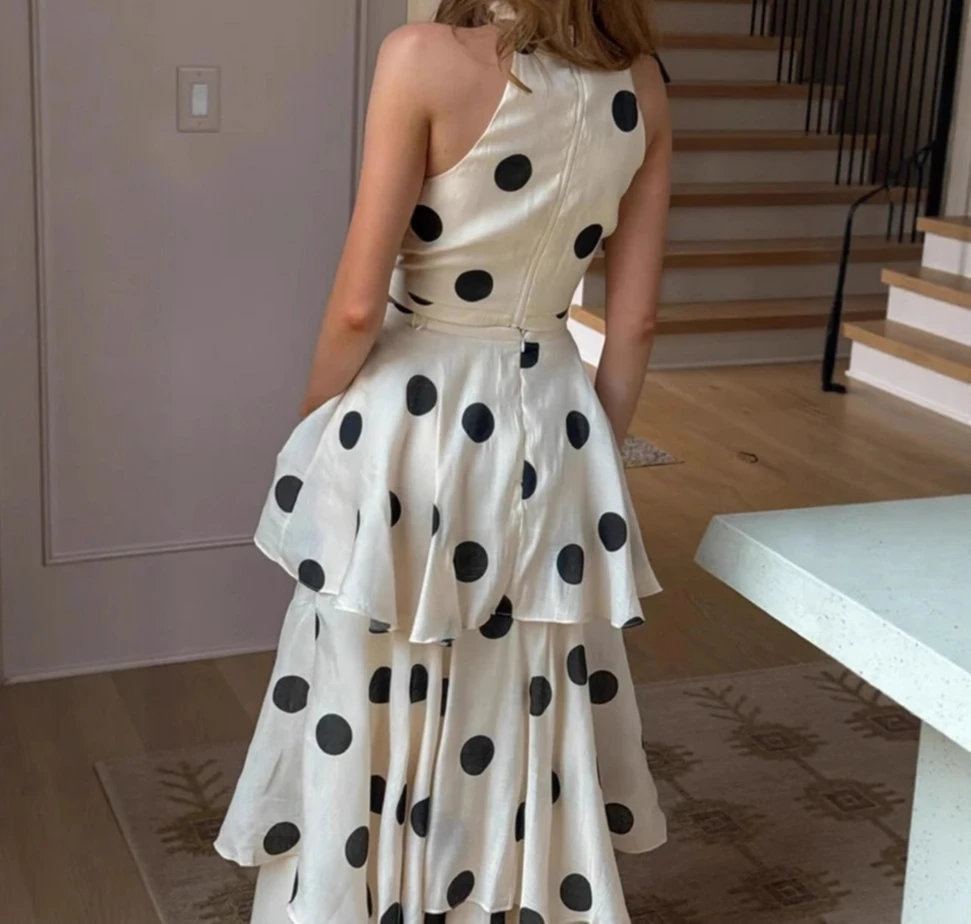 2025 New Polka Dot Print Hanging Neck Sleeveless Top Cake Skirt Set