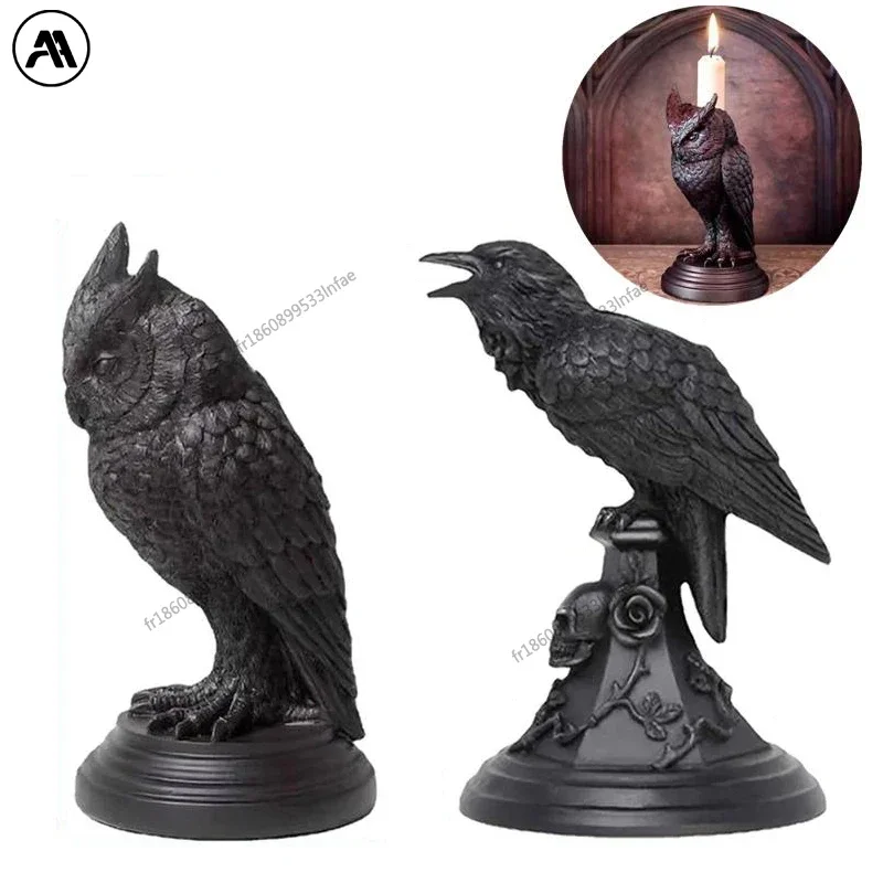 Neu! Halloween-Eulen-Kerzenhalter – Gothic-Rabe-Harz-Mittelstück, Dekor, Bastelgeschenk
