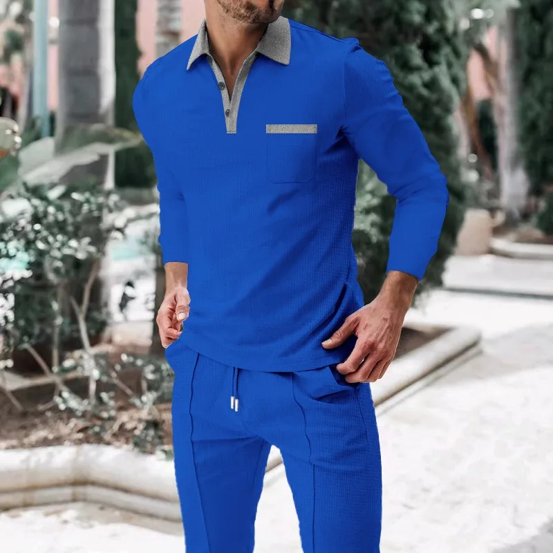 

Four Seasons Men's Casual Sports Outdoor Versatile Solid Color Lapel Waffle Style Fashionable Comfortable and Personalized Set