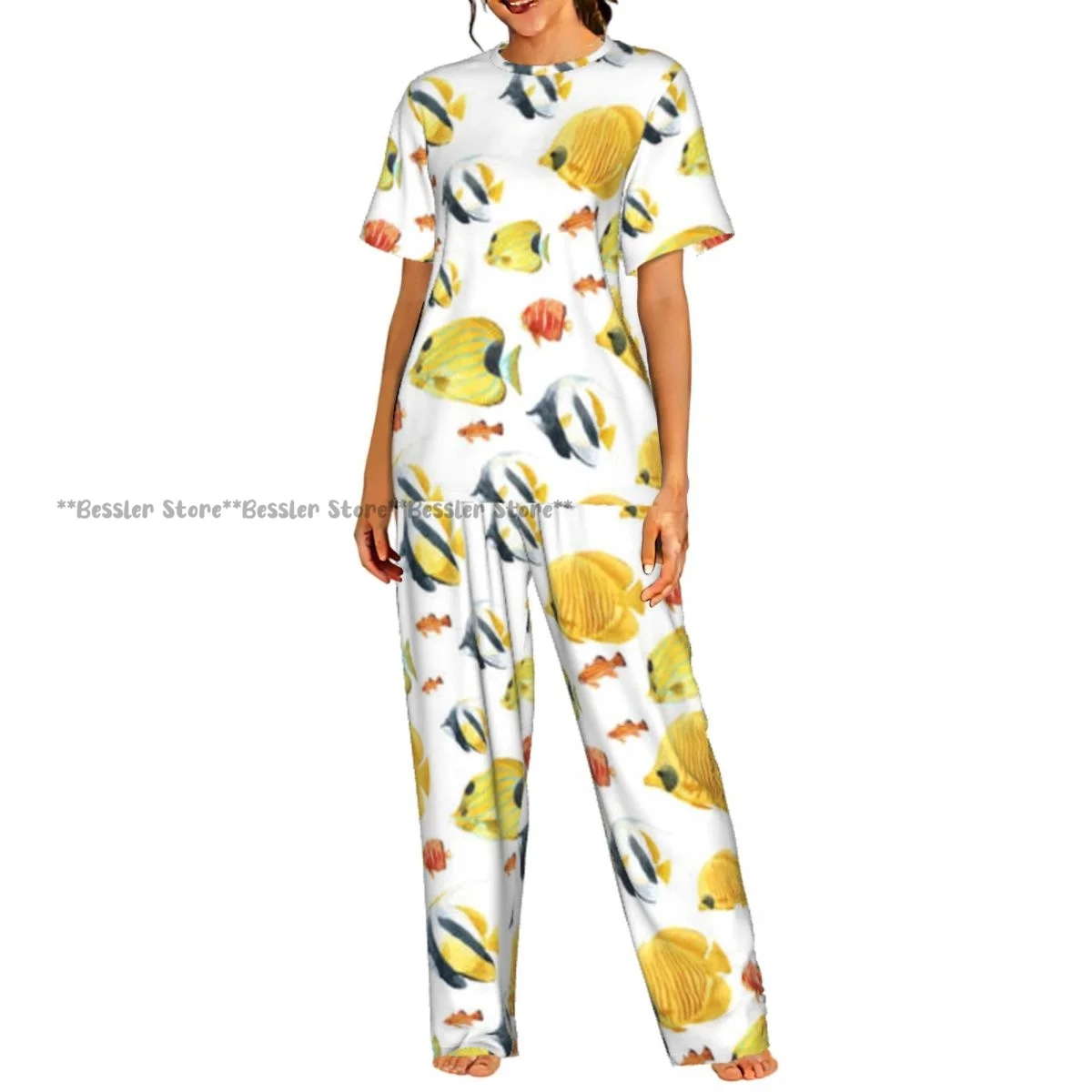 

Women Pajama Sets Lounge Sleepwear Underwater Fish Short Sleeve Nightwear