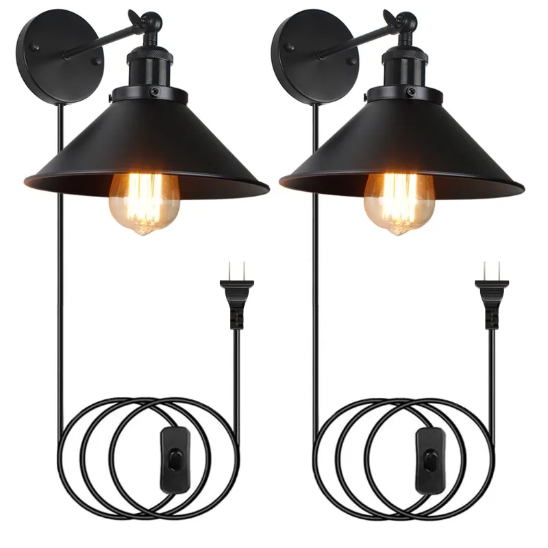 

Винтажный настенный светильник 2P, вилка стандарта США, черный железный домашний декоративный настенный светильник для спальни, гостиной, Decora, промышленные настенные светильники