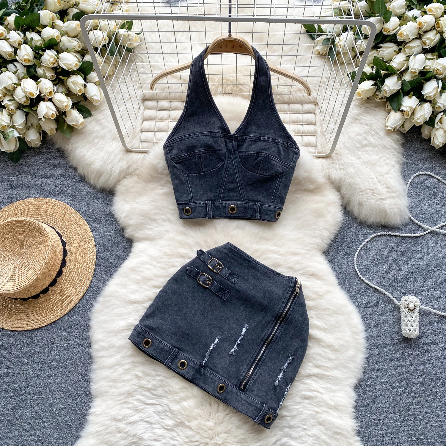 

Cool and Spicy Style Denim Suit.Women Summer Fashion Retro Design Sense Hang The Neck Short Top+high Waist Hip Wrap Short Skirt