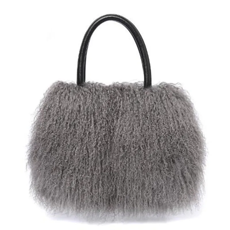 2024 Real Mongolian white Fur Bags Australian Beach Wool Fur Shoulder Bag Ladies Tibet Lamb Fur Wrist Bag Large Capacity