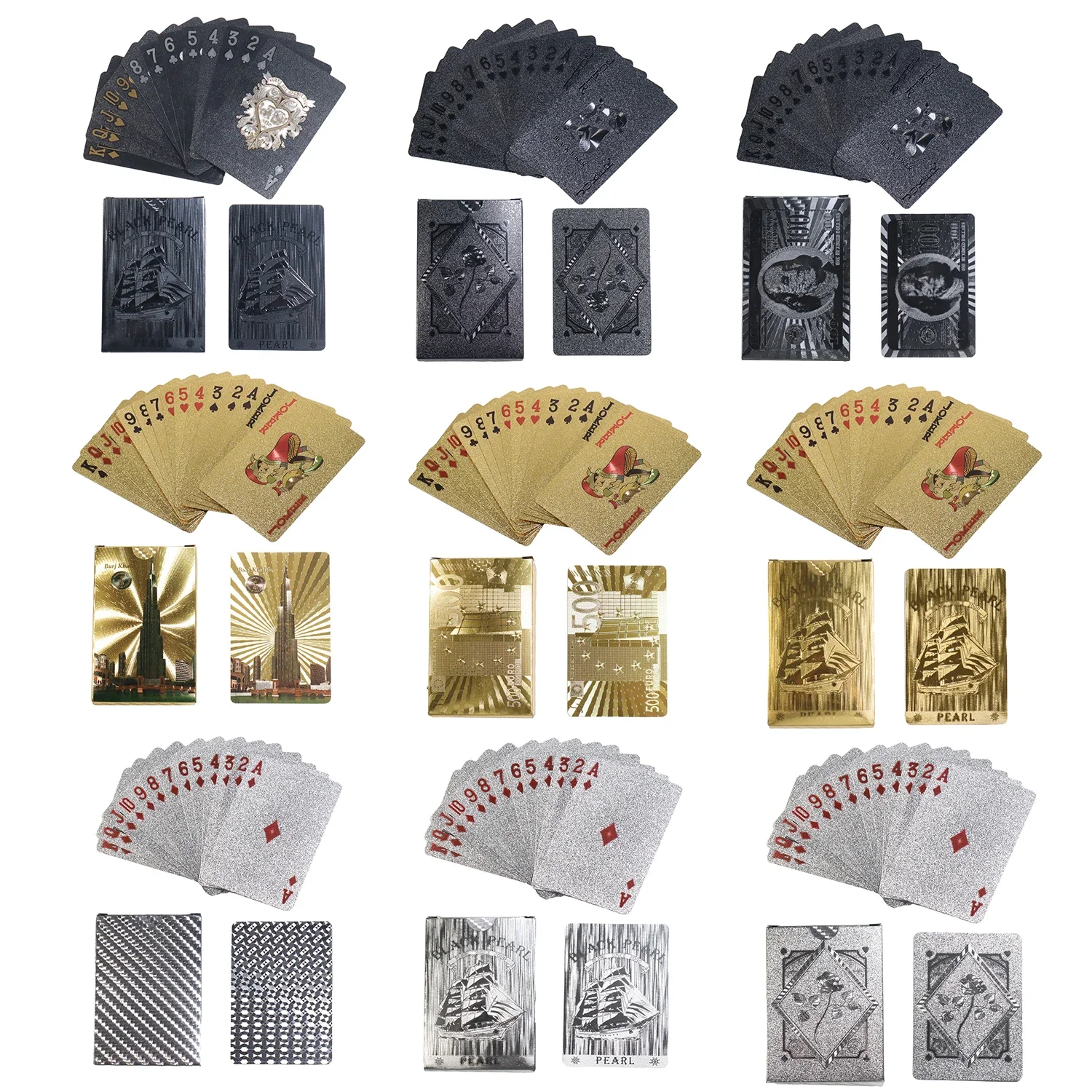 Naipes Cartas de póquer de aluminio, baraja de cartas de diamante de plástico impermeables doradas para fiesta y juego de cartas familiares clásico (oro, plata y negro)