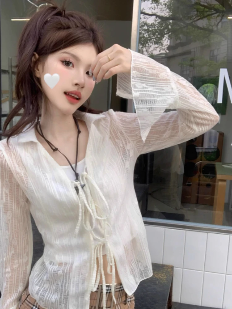 Harajuku Shirts Women Slim Turn-down Collar Summer Streetwear Vintage Single Button Cropped Japanese Style Y2k Pure Breathable