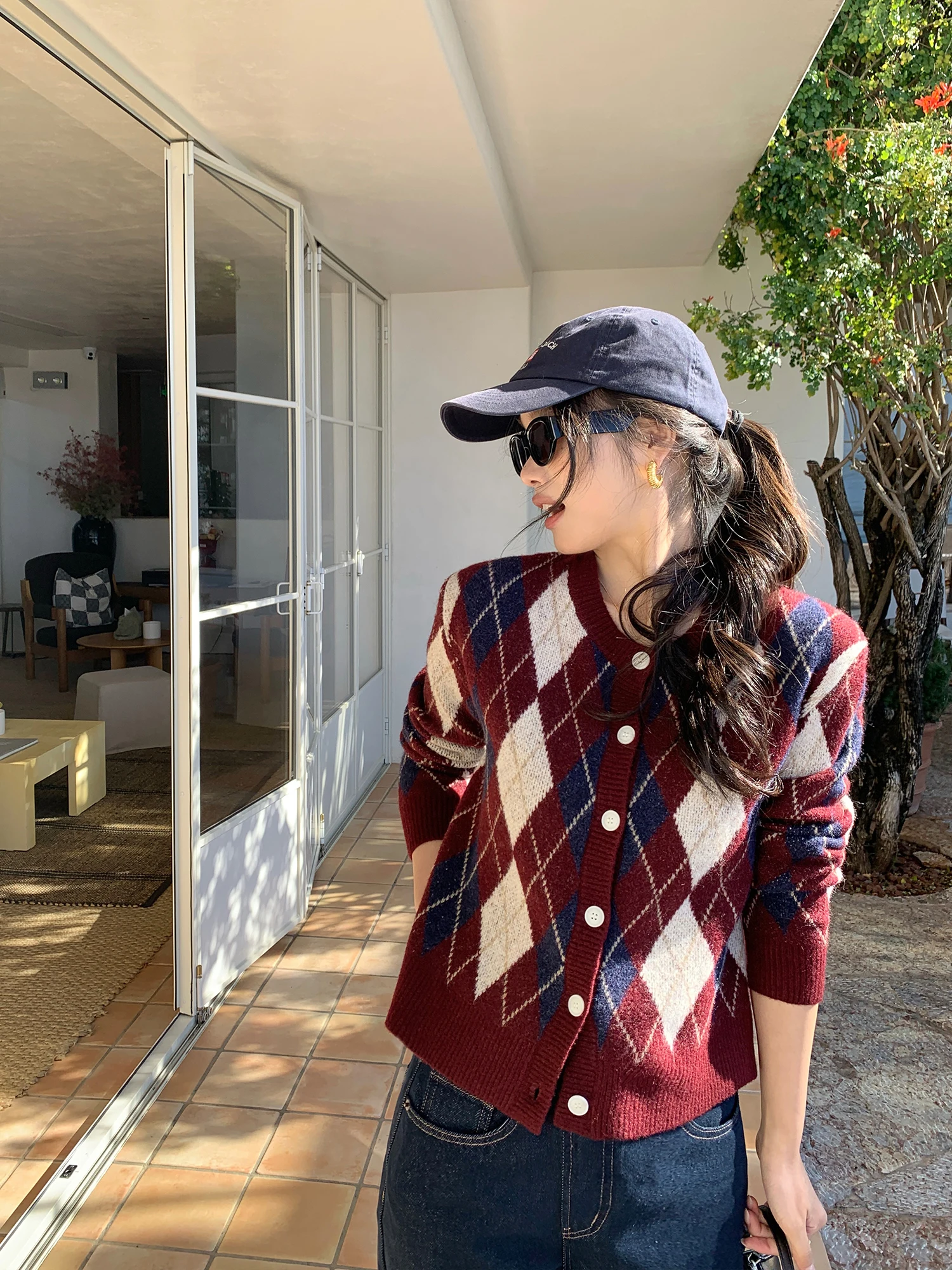 

Pusumede Miu Series Vintage Diamond Pattern round Ne Knitted Open Cardigan Women Soft Cozy Red Sweater Long Sve Winter F...