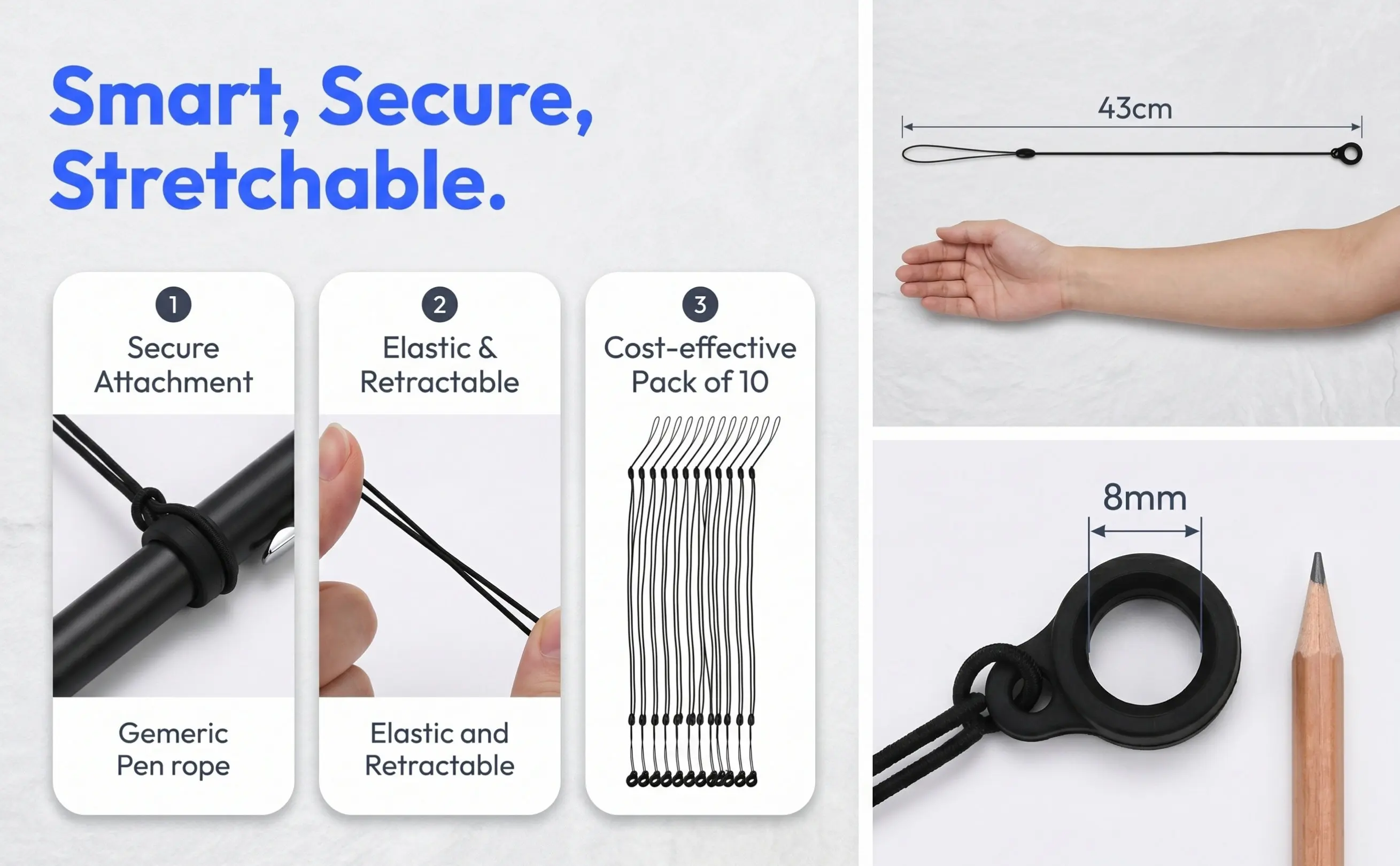 10Pcs Heavy-Duty Retractable Pen Lanyard Stretchable Elastic Rope Anti-Lost Tether with Silicone Lock for Workstation Signature