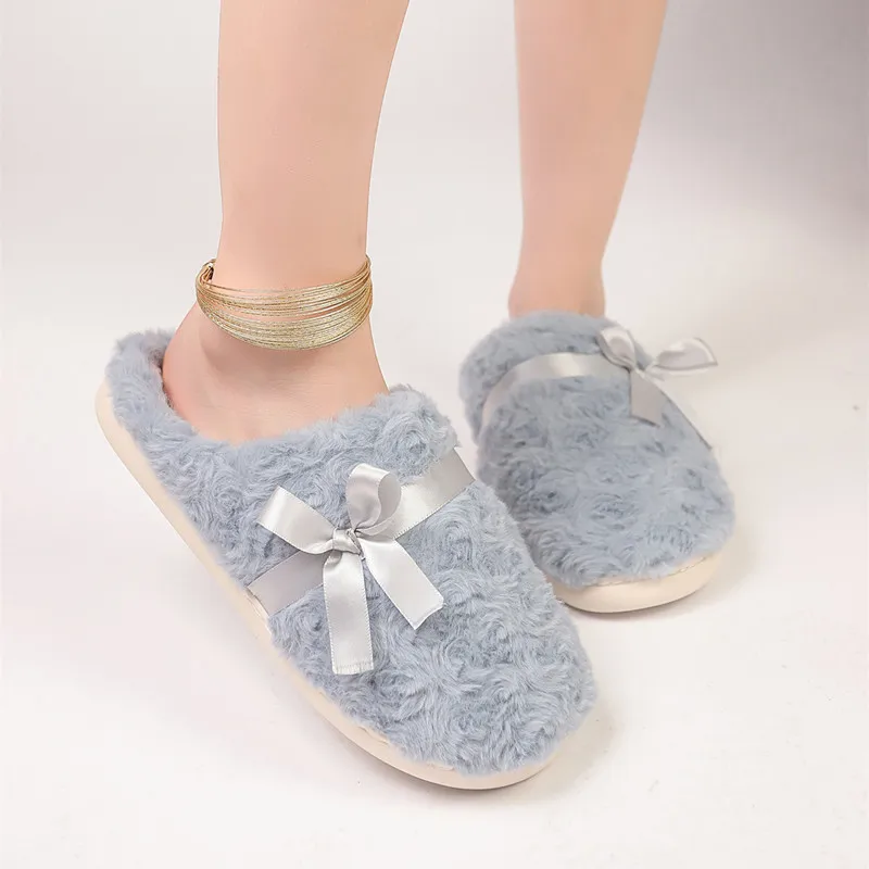 

Lovely Bowtie Winter Women Home Slippers for Indoor Bedroom House Soft Bottom Cotton Slippers Woman Non-slip Warm Fur Shoes