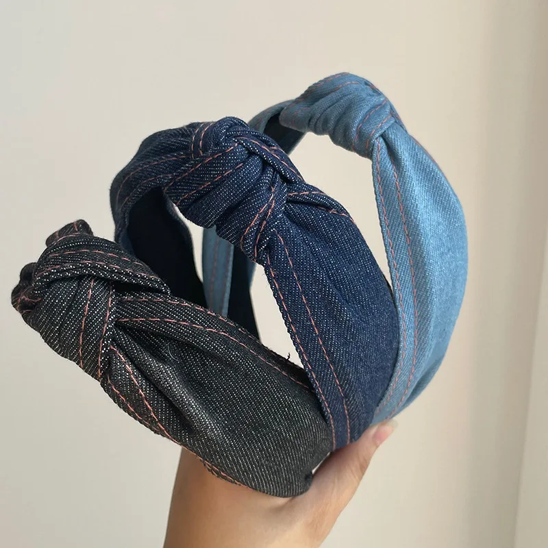 

Simple Lady Denim Hairbands for Women Knotted Hair Hoop Wide Headband Korean Female Hair Accessories Adult Head Bands