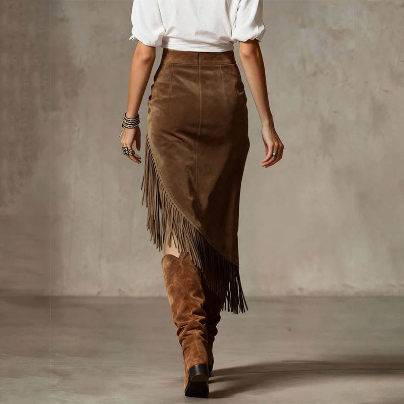 

Vintage Woman Suede Skirt Women High Waist Long Skirt for Women Tassel Spliced Irregular Hem Casual Woman's Midi Skirt 2025