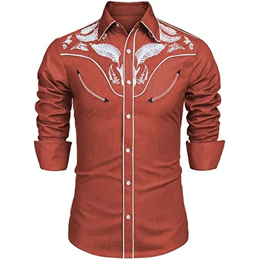 Western Style Print Men\'s Shirts Casual Single-Breasted Blouses Long Sleeve Shirt Streetwear Lapel Tops Trend Tops Men Clothing