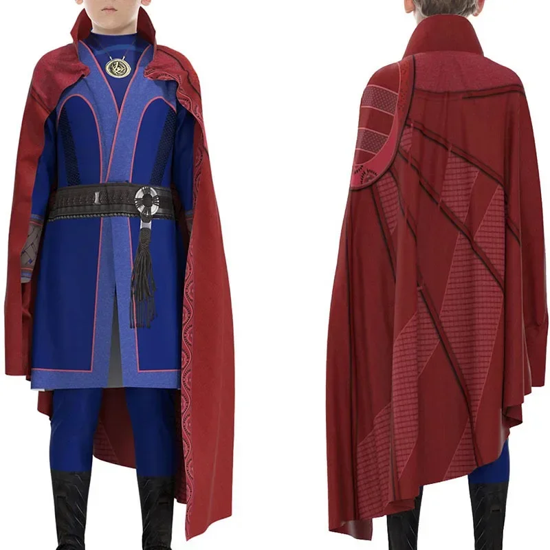 Adult Kids Doctor Strange Costume Dr Cosplay Blue Heavy Jumpsuit and Red Cloak Full Set For Halloween