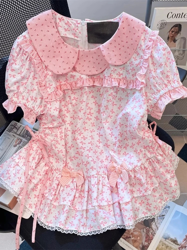 

French Sweet Blouses Peter Pan Collar Puff Sleeve Bow Ruffles Lace Draw String Shirts Preppy Style All Match 2025 Women Clothing