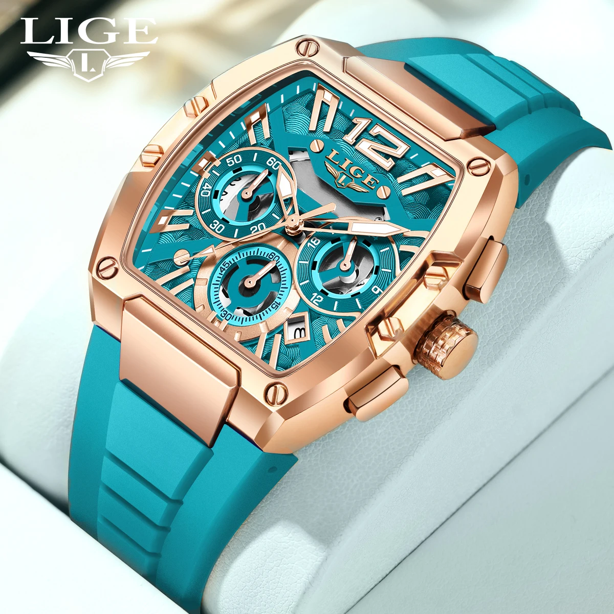LIGE Men's watches Fashion Square Military Sport Waterproof Silicone Men‘s Quartz Top clock Luminous Chronograph mens wristwatch