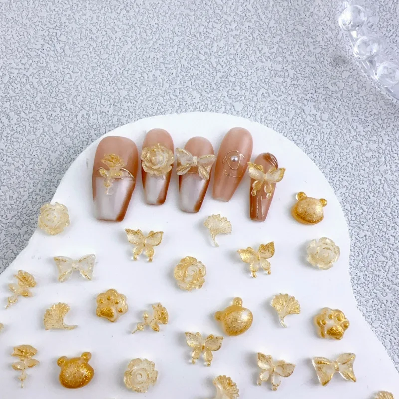 3D Gold Glitter Butterfly Bow Nail Art, Flower Charms, Acessórios para Manicure Decor, Nails Decoration, Supplies Material, 30pcs