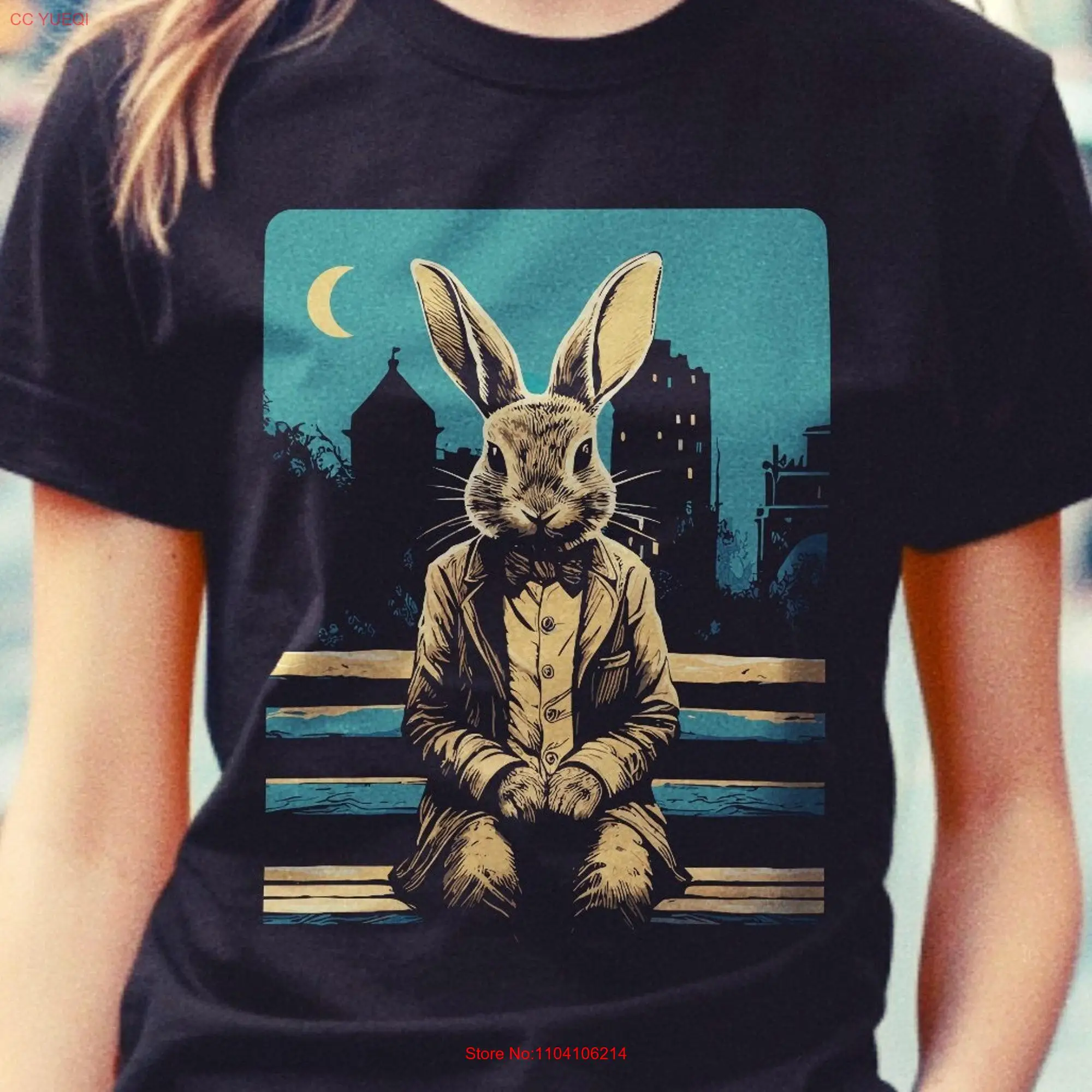 Bunny T Shirt Lonely Rabbit On Park Bench Lover Kids Heavyweight  long or short sleeves