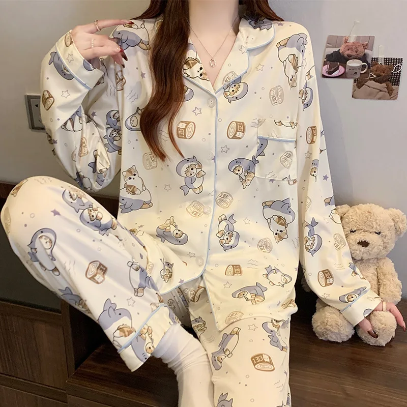 Women Spring Sweet Pajamas Set Korean Sleepwear Long Sleeve Lapel Cute Cartoon Print Homewear Female Casual Loose Loungewear