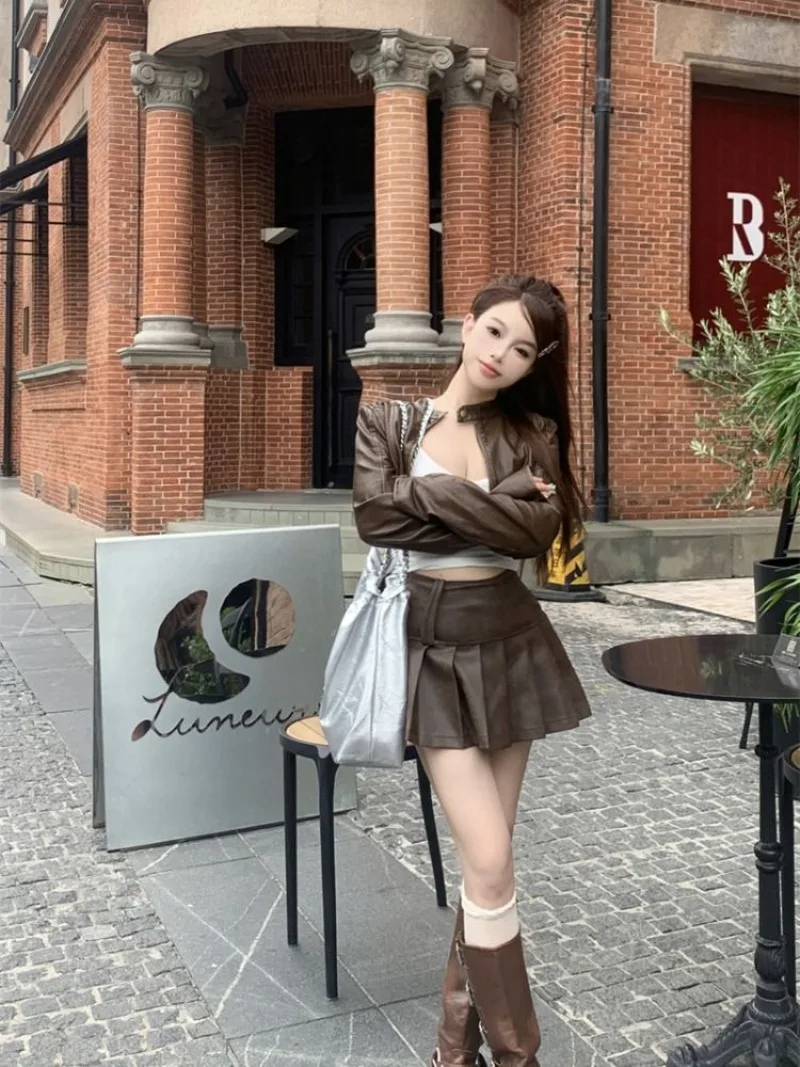 American Spicy Motorcycle Leather Coat Top Pleated Leather Skirt Two Piece Set Women Fashion O-Neck Cool Solid Slim Spring Suit