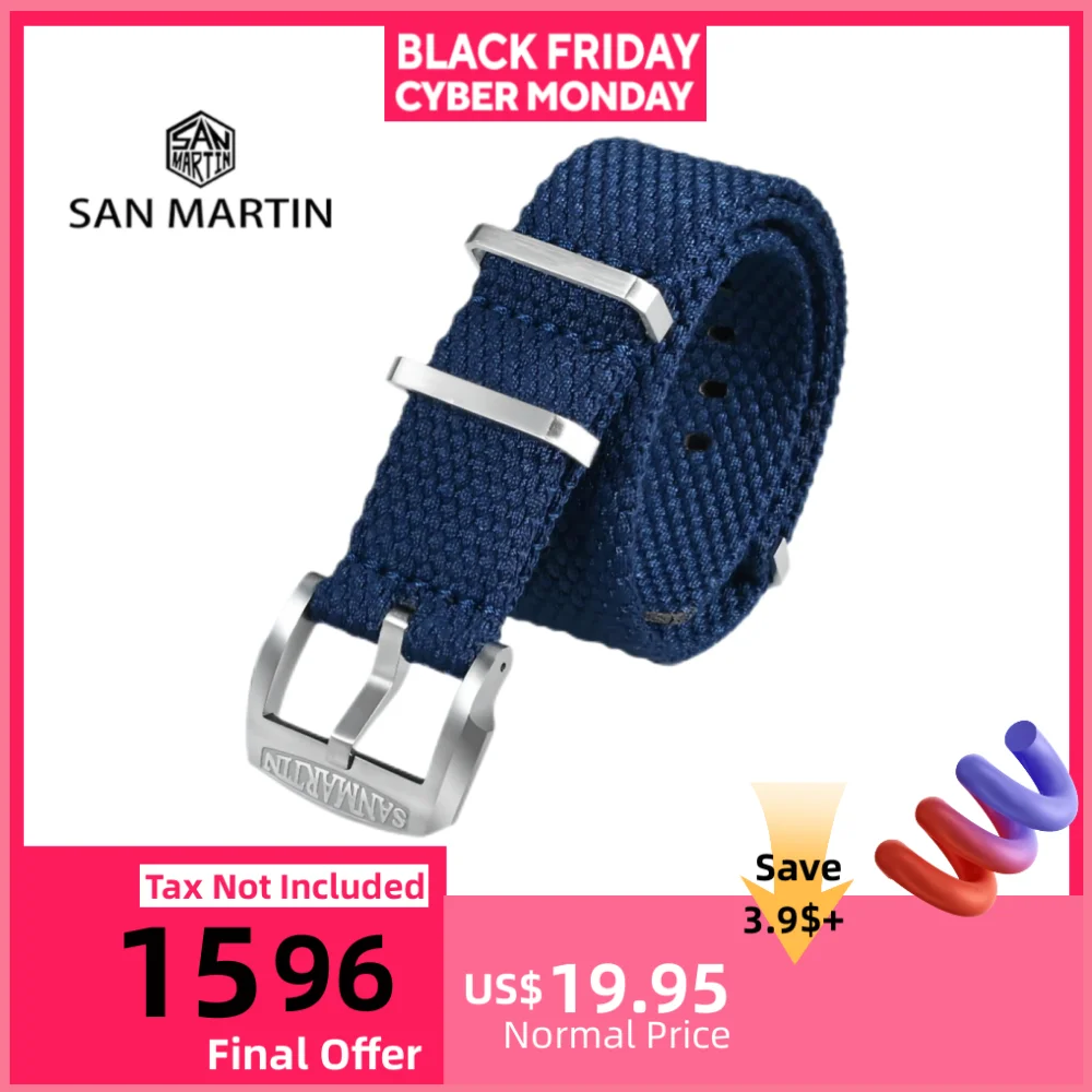 

Ремешок San Martin плетеный из льна для наручных часов, тканевый браслет для парашютного штурмовика, дышащий браслет с пряжкой, 22 мм 20 мм, BD0012