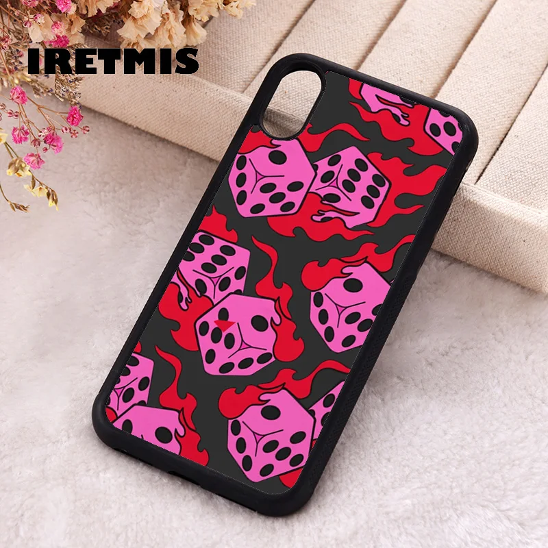 Iretmis Phone Cover Case For iPhone X XS Max XR 11 12 13 PRO MINI 14 15 16 Plus Rubber Silicone Flaming Dice Pink