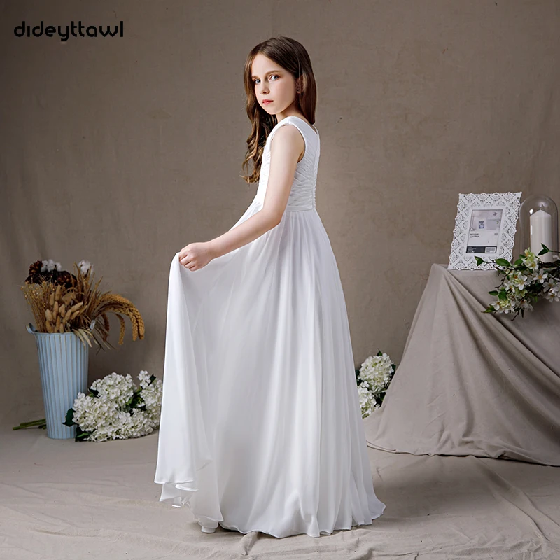 Dideyttawl Customized Chiffon Peated Floor Length Sleeveless Flower Girl Dress V Neck First Communion Gown Junior Concert Party