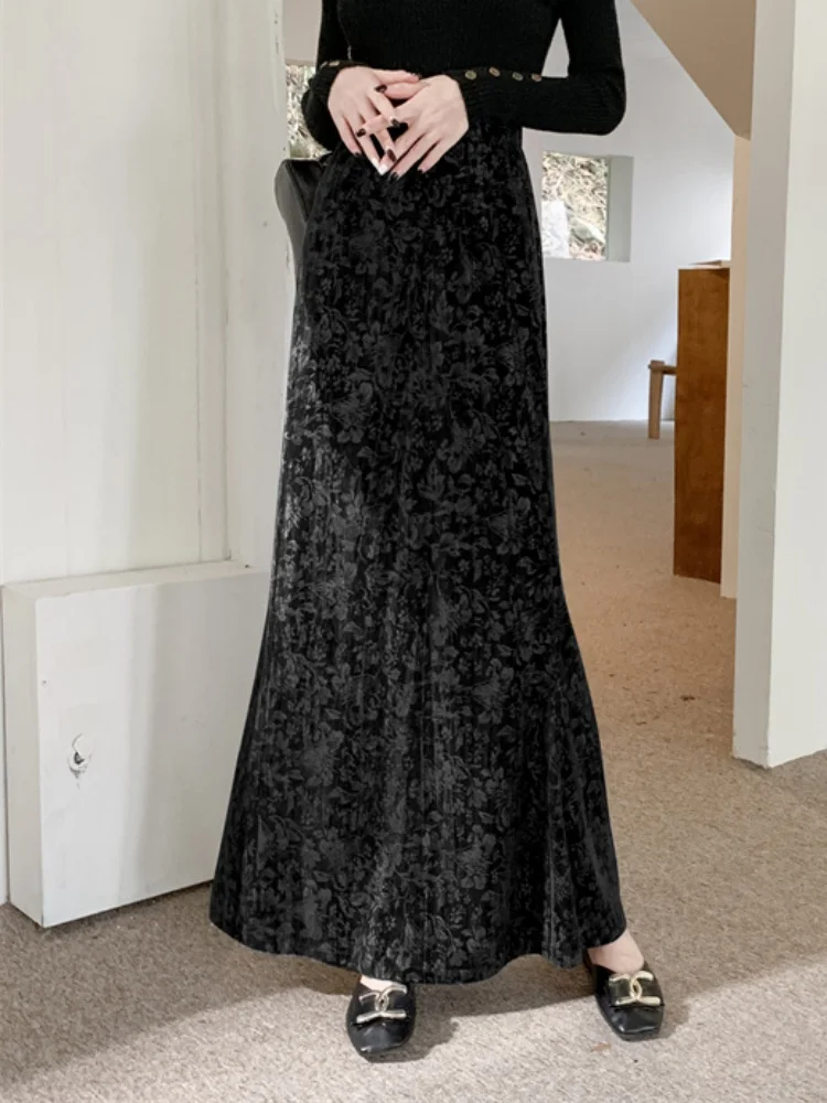 SMTHMA 2025 nouveau automne hiver 3D imprimé velours jupe pour les femmes taille haute minceur trompette sirène jupe longue