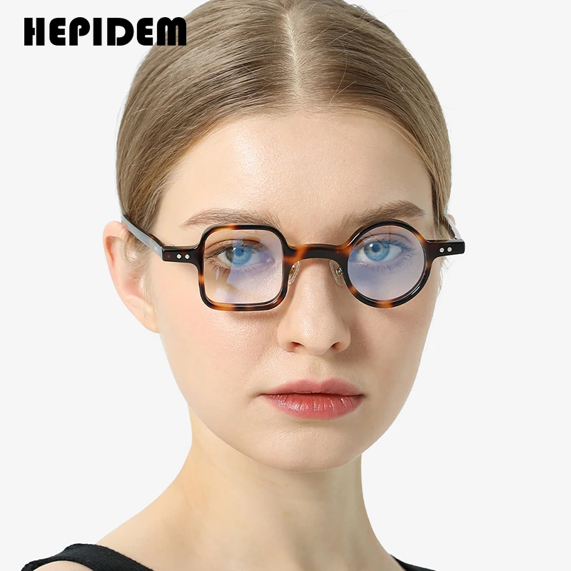 HEPIDEM Acetate Glasses Frame Men 2021 Retro Vintage Left Square Right Round Eyeglasses Spectacles Eyewear 9155