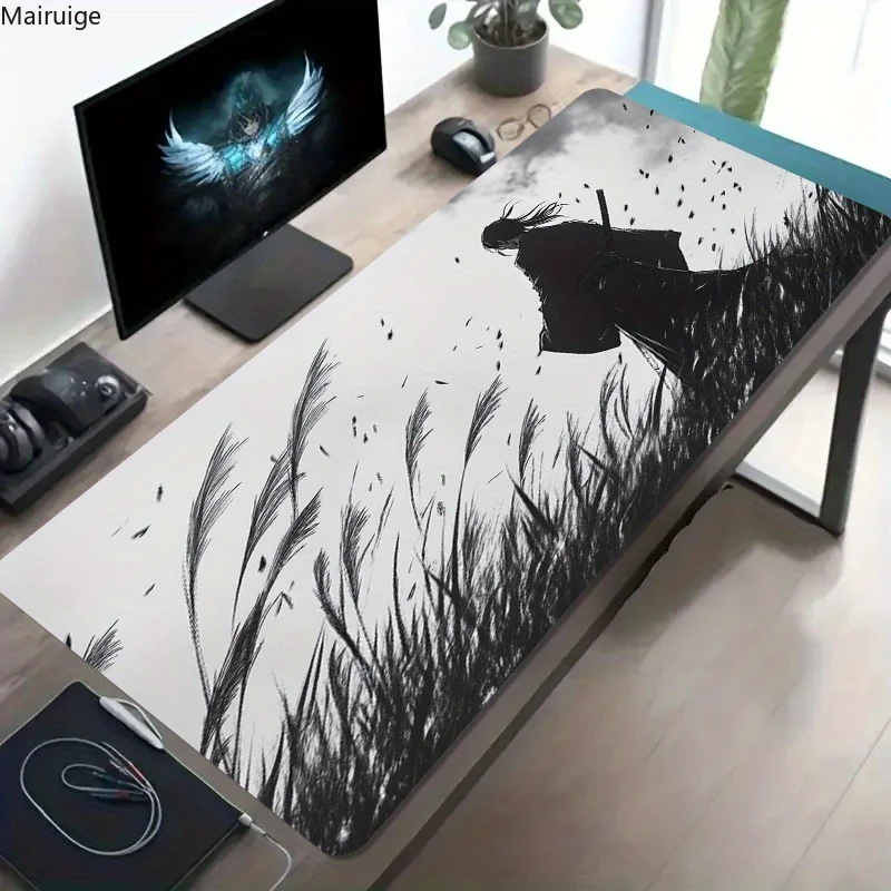 

Черный самурайский коврик для мыши с росписью чернил, большой коврик для компьютерной офиса, игровой коврик, резиновый противоскользящий коврик для игровой клавиатуры, длинный коврик для стола