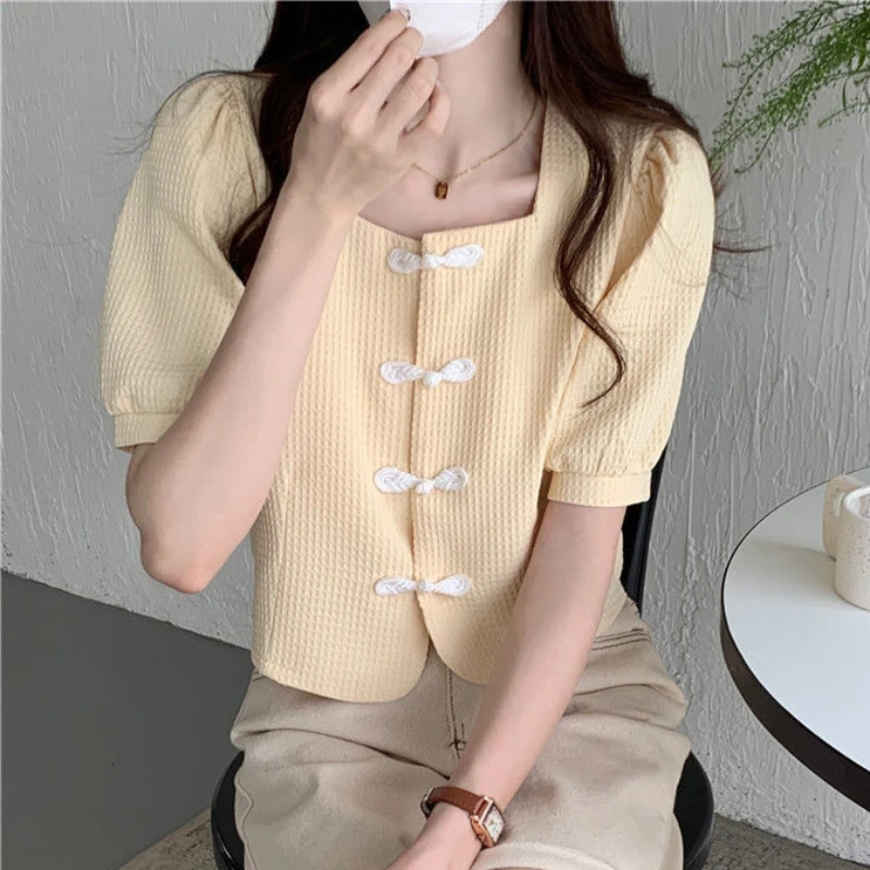 Crop Tops Shirts Women Vintage Chic Buttons Chinese Style Square Collar Summer Fashion Tender Girlish Streetwear Simple Students