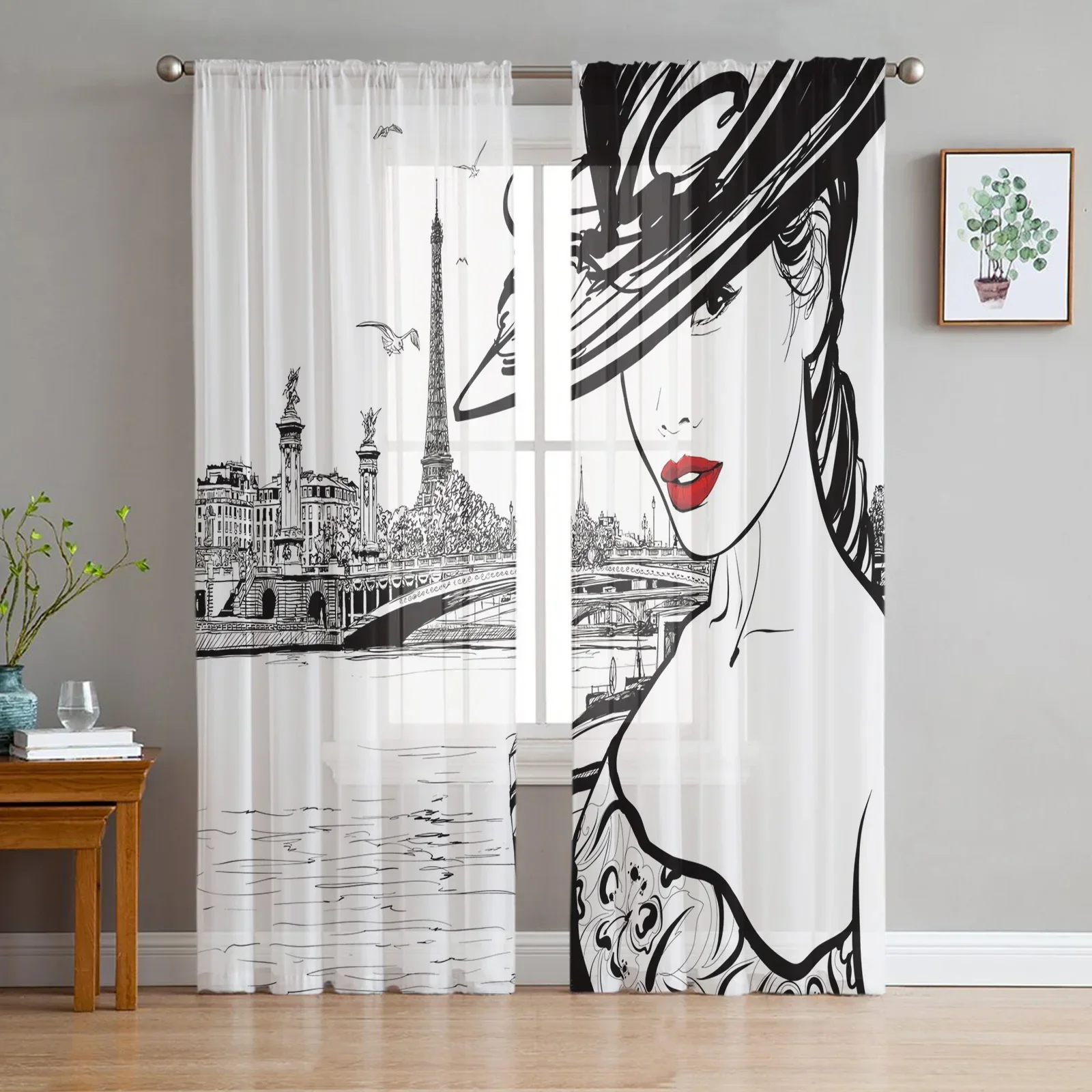 Paris Seine Woman Eiffel Tower Red Lips Tulle Sheer Curtains for Living Room Bedroom Decor Window Curtain Voile Organza Drapes