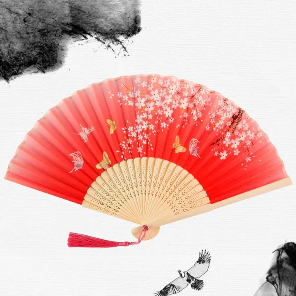 Bambus chinesische japanische Falt fächer bunte Quaste elegante weibliche Fan Vintage-Stil Falt fächer Seide Hand fächer
