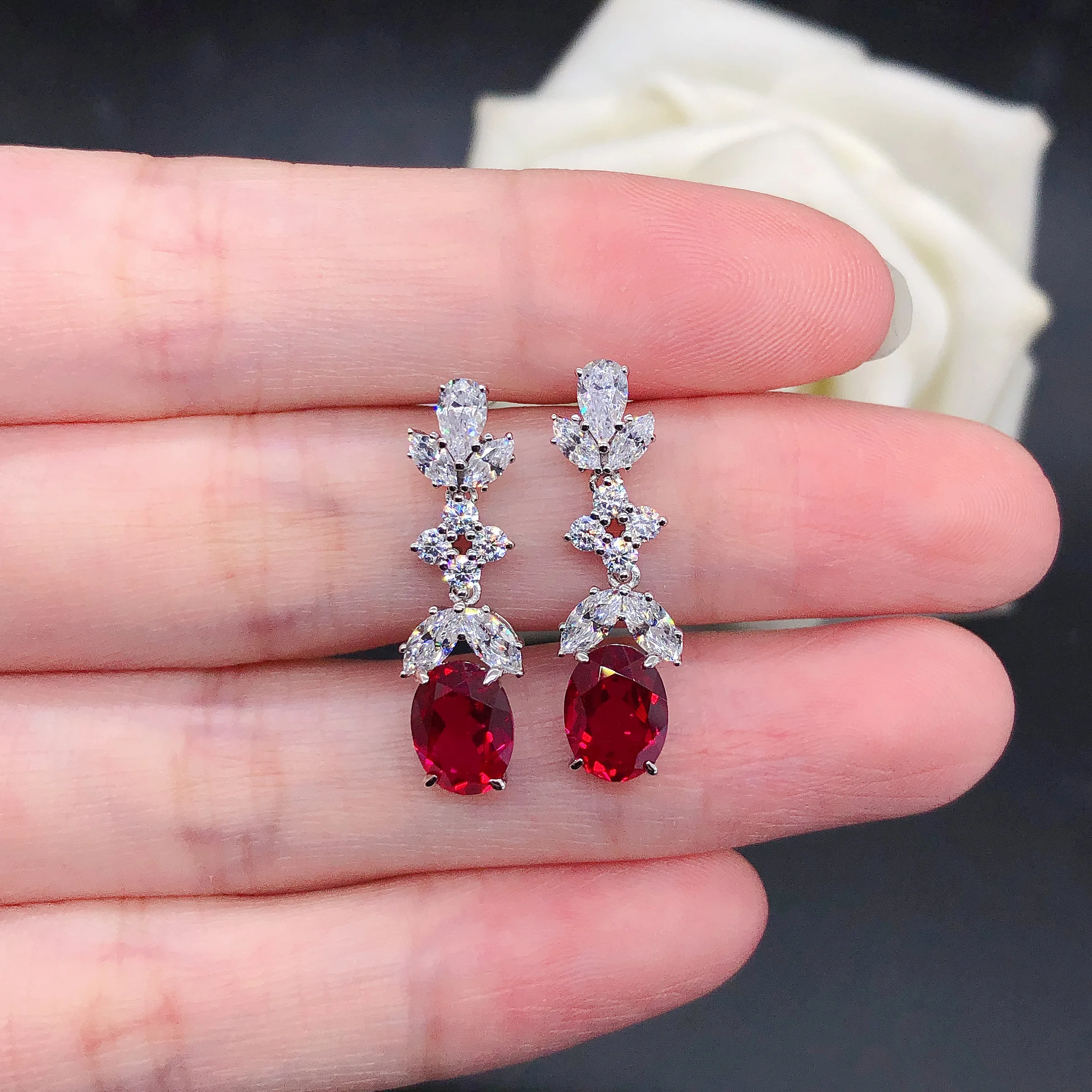 

18K White Gold 1.5Ct 6X8mm each Oval Shape Sapphire&Ruby Earrings Lab Gemstone Drop Dangle Earrings E070