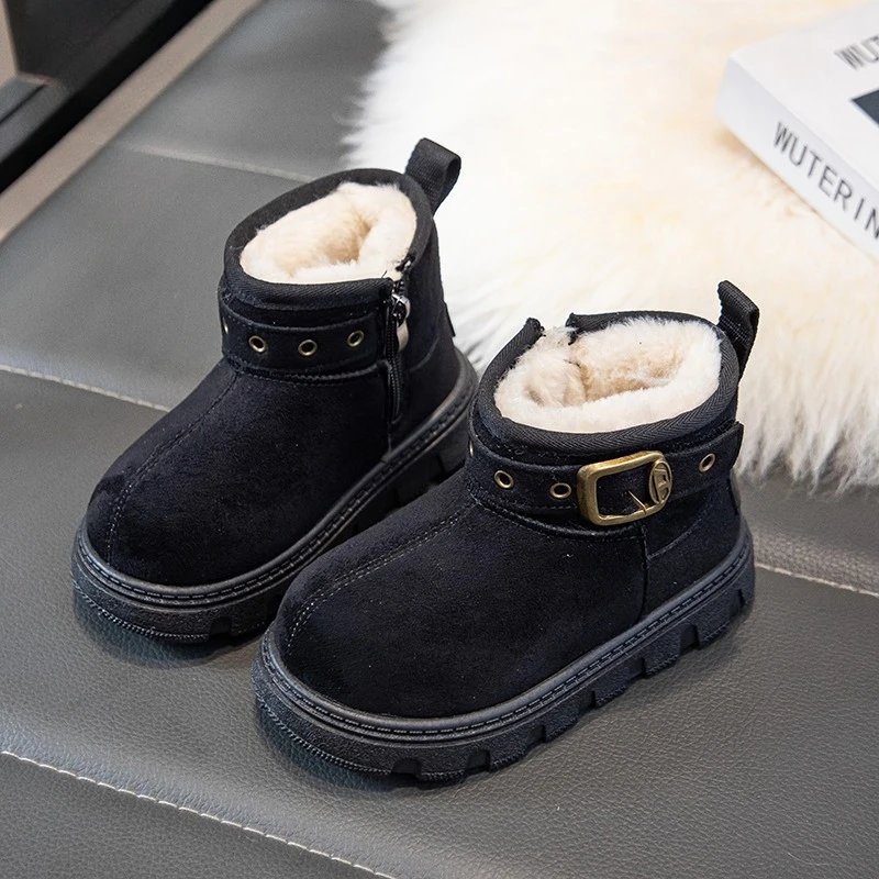 Botas cálidas con forro peludo y peludo suave para niños y niñas, botines de invierno para niños, suela gruesa antideslizante, zapatos de nieve versátiles para niños 2025