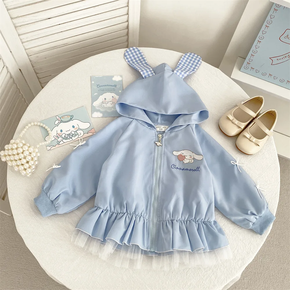 

2025 Sanrio HelloKitty Cinnamoroll Autumn Winter New Girls' Sweet Cherry Cute Plaid Thin Hooded Jacket Girl's Birthday Gift Toys