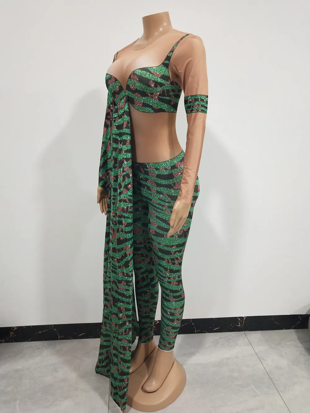 Macacão de manga única com estampa de leopardo, dançarina, cantora, performance de palco, festival, festa, show, bar, boate