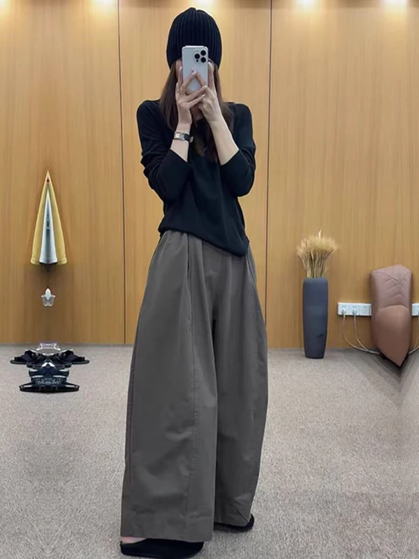 

Женские брюки с высокой талией и широкими штанинами, свободные, больших размеров, скрывающие недостатки фигуры, осенние, новые, повседневные, универсальные, длинные брюки