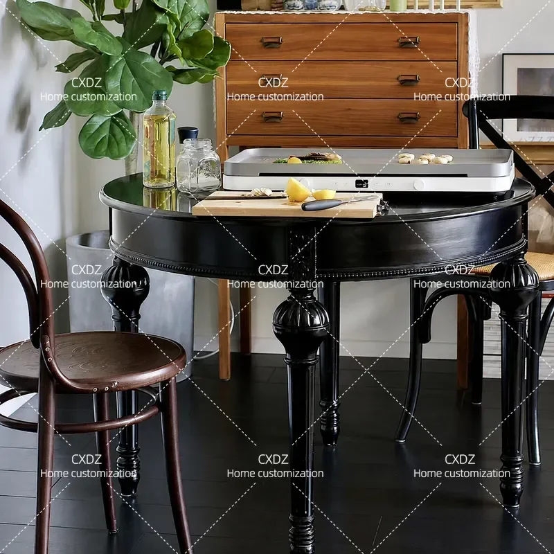 Solid wood round dining table black coffee table sofa edge few American coffee table balcony 60 French retro small round