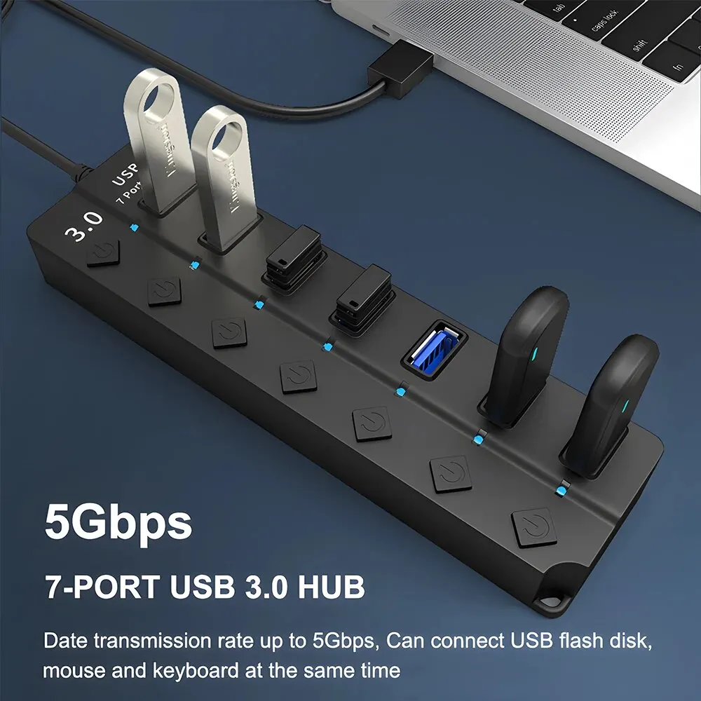 DBIT USB 허브 3.0/2.0 USB 분배기, 멀티 허브 독립 스위치 도크, 데스크탑 노트북 액세서리, 7-in-1, 30cm 케이블