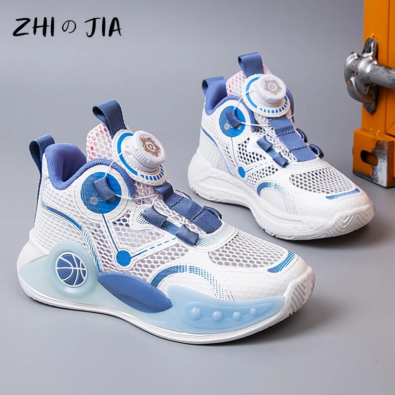 Rotating Buckle Hollow Single Mesh Breathable Children's Basketball Shoes Youth Sneaker Boys Outdoor Anti slip Running Footwear